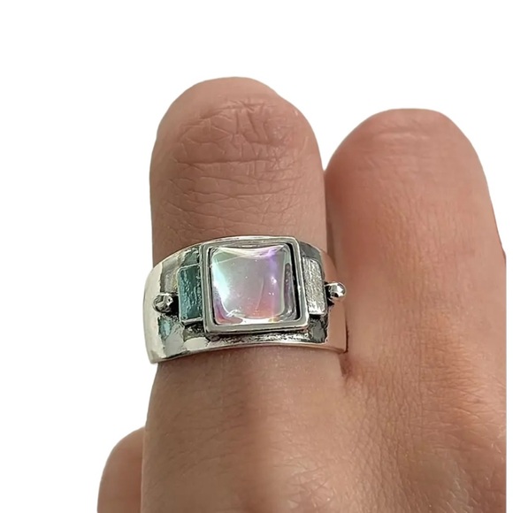 Boho Silver Geometric Ring with Moonstone Center - Picture 3 of 8